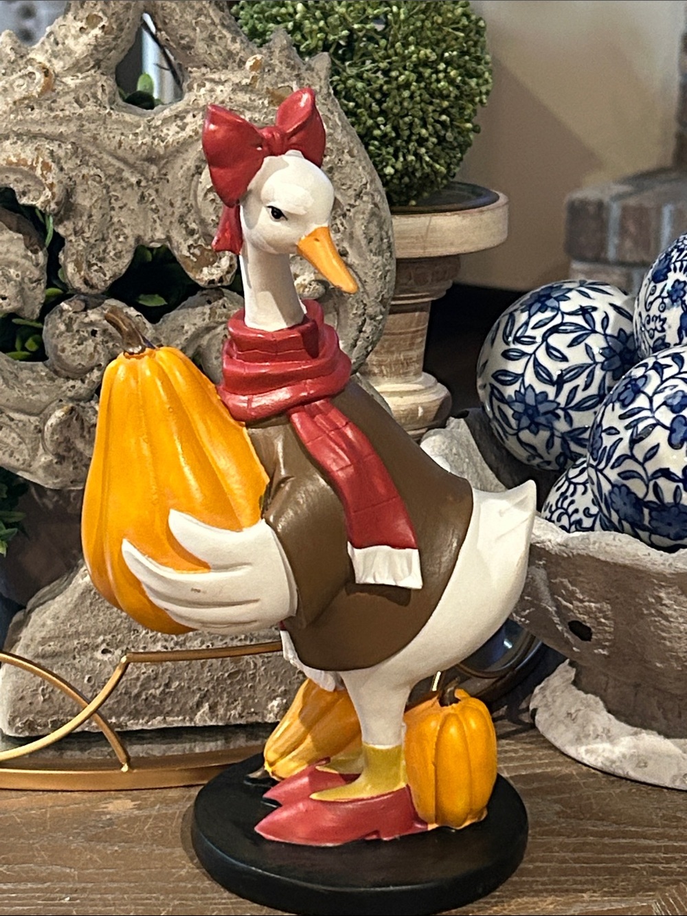 NEW! Vintage Inspired Autumn Goose Statue with Fall Harvest Pumpkins